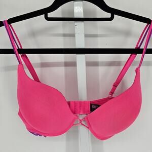 Y2K Body Candy Womens Sz 36D Padded Push Up Bra Bright Pink Purple Lace